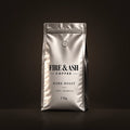 Fire & Ash Dark Roast, 100% Arabica coffee in a 1kg silver bag