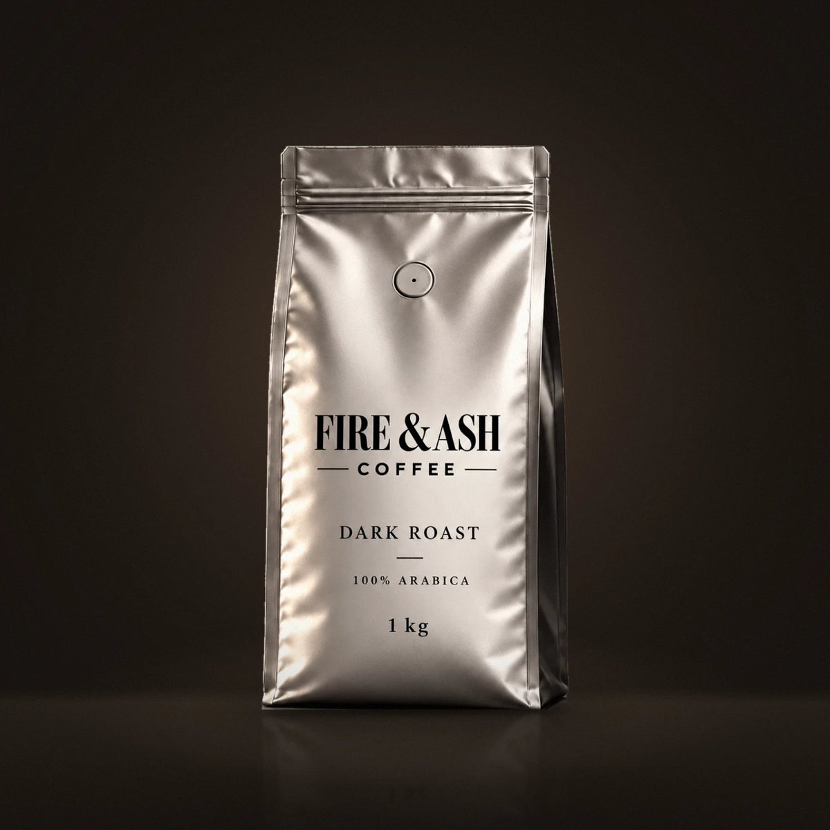Fire & Ash Dark Roast, 100% Arabica coffee in a 1kg silver bag
