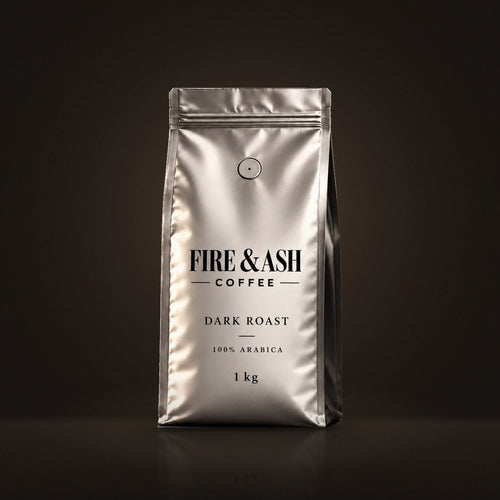 Fire & Ash Dark Roast, 100% Arabica coffee in a 1kg silver bag