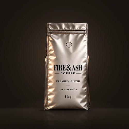 Fire & Ash Premium Blend, 100% Arabica coffee in a 1kg silver bag
